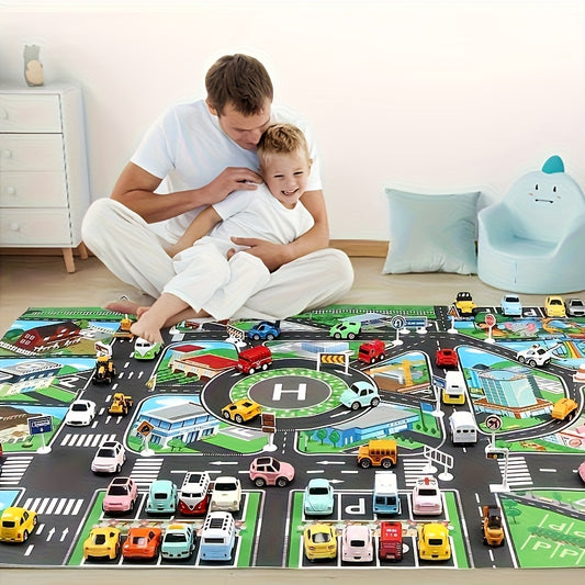 City Traffic Play Mat for Kids - Interactive Road Map with Garages