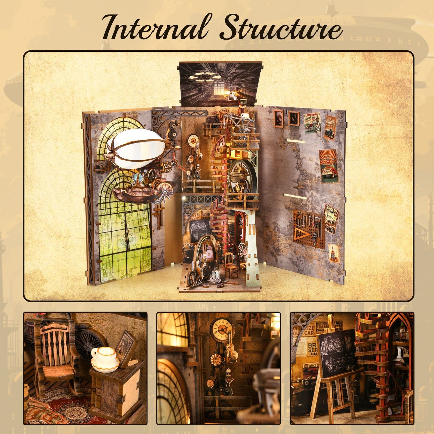 Uncle Peter’s Warehouse Steampunk Book Nook DIY Wooden 3D Kit with LED