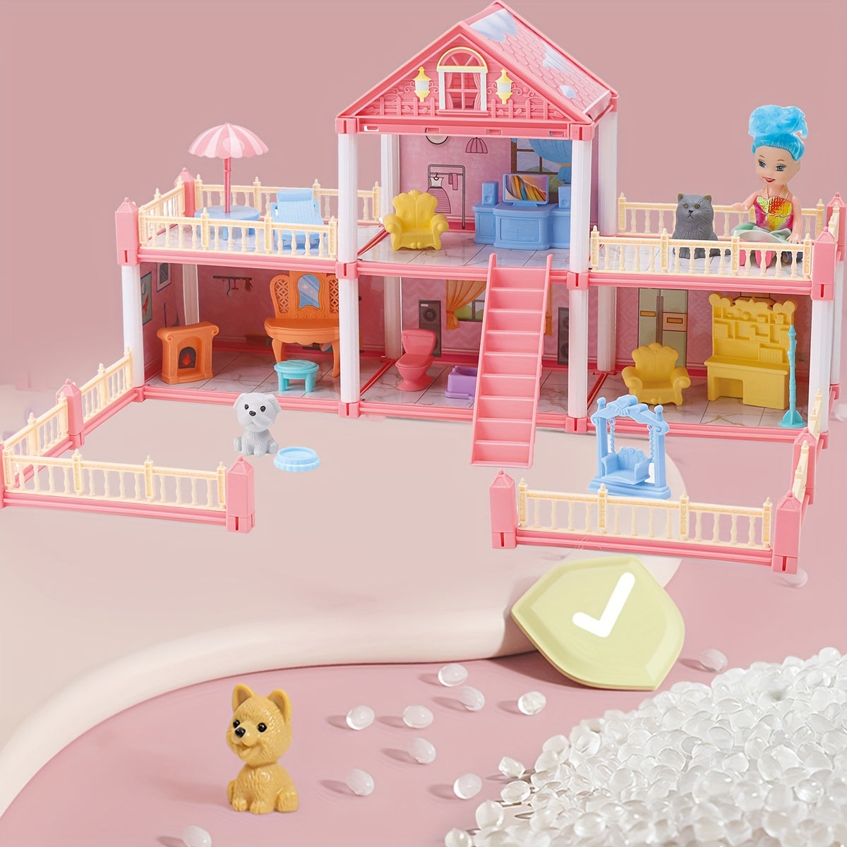 DIY Two-Story 4-Room Pink Doll House Kit with 123 Pieces