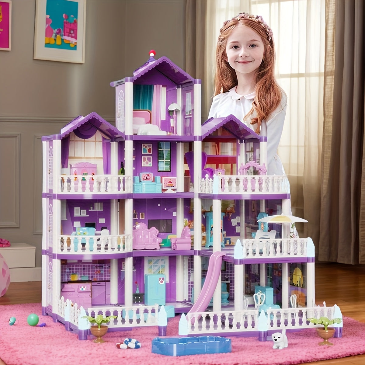 Large 13-Room Dollhouse Villa – Pink and Purple 3-Level Playset