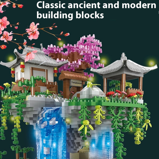 Peach Blossom Pool Micro Bricks With LED Light Scenic Waterfall Set