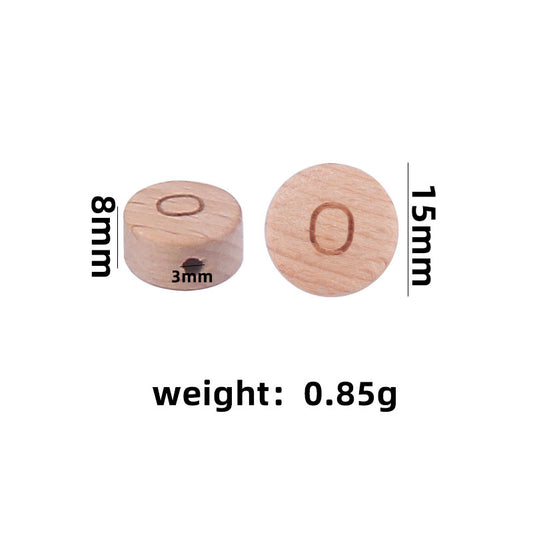 Close-up of 15 mm round beech letter bead with 3 mm hole, ~0.85 g each; set of 10 letters (A–Z variants) for DIY pacifier chains and teether accessories.