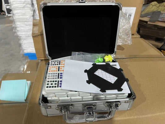 Aluminum Case Mexican Train Dominoes Set With Trains & Score Pads