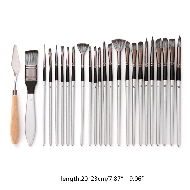24-Piece Silver-Grey Brush Set with Roll Case and Palette Knife
