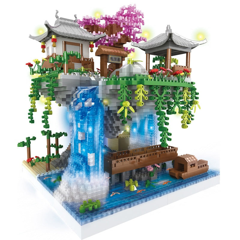 Peach Blossom Pool Micro Bricks With LED Light Scenic Waterfall Set