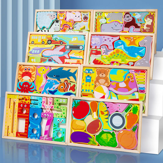 Set of colorful wooden puzzles with animals and shapes on a blue background