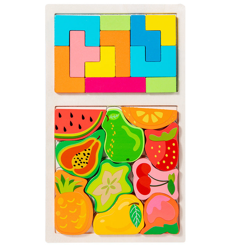 2-in-1 Wooden Puzzle Board: Blocks Plus Fruit, Vegetable or Animal