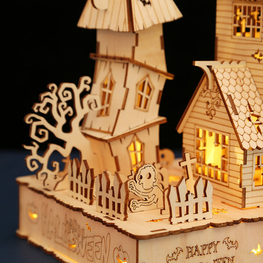 Wooden Halloween house 3d puzzle with black background