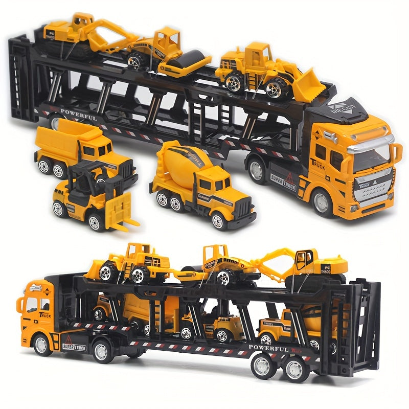 Truck King Die-Cast Car Carrier Truck with 6 Construction Vehicles (32 cm)