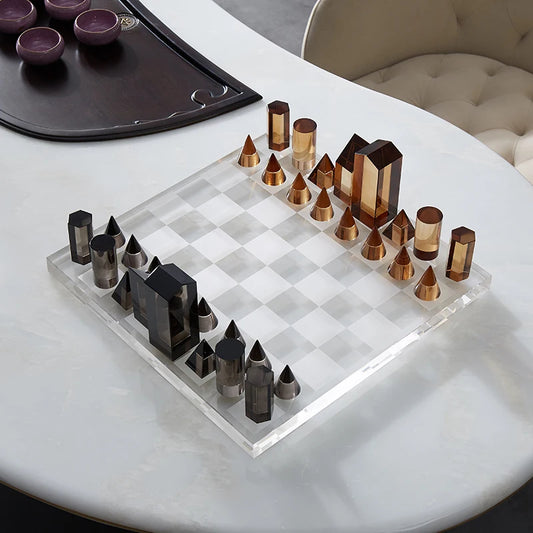 Handmade Crystal Chess Set with Geometric Pieces, 37 cm Board