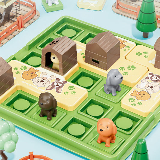 Children's educational toy with animal houses and figures on a green base