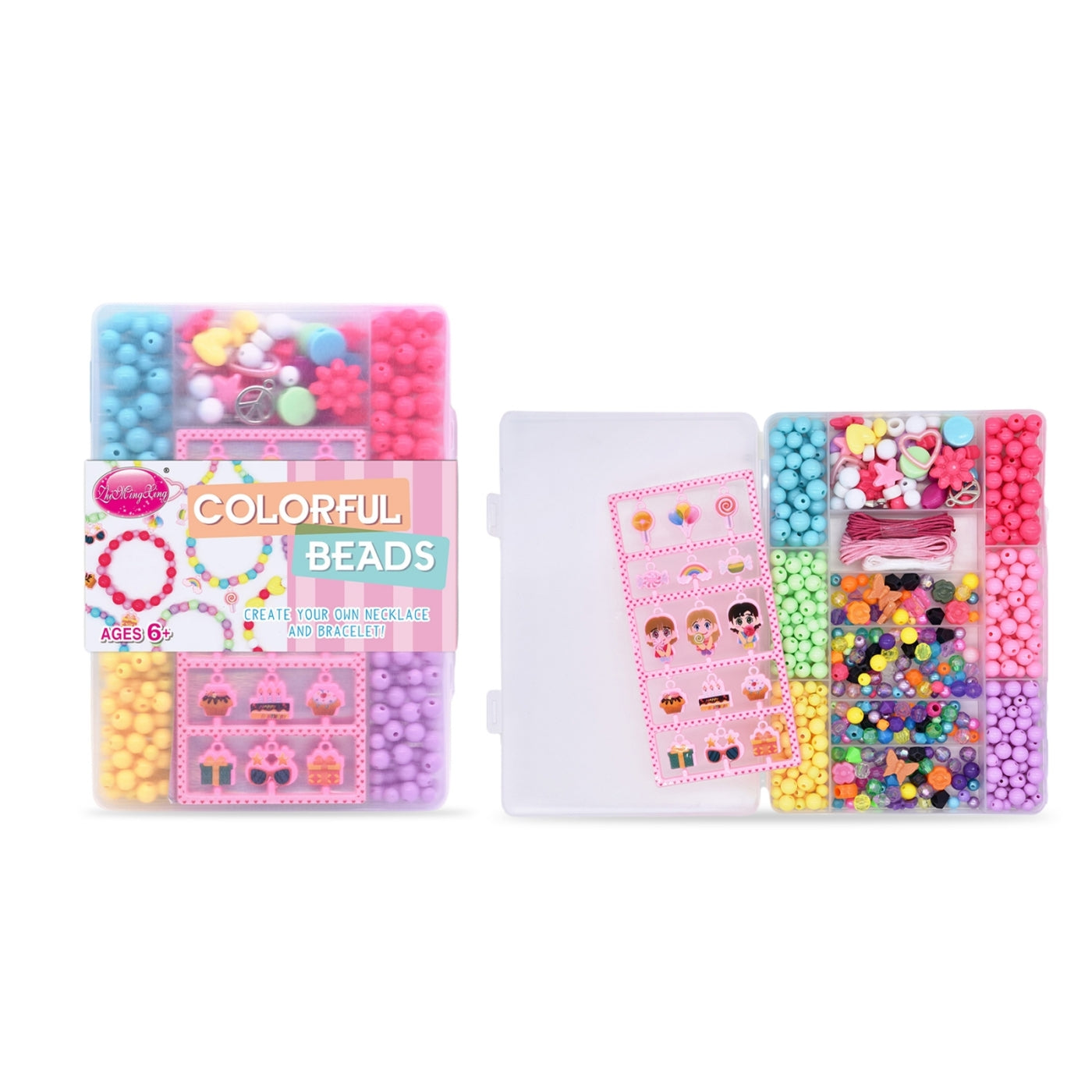 Kids DIY bracelet making kit, single bracelet set with stickers and charms, elastic cord, compact pack, ages 6 plus.