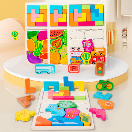 2-in-1 Wooden Puzzle Board: Blocks Plus Fruit, Vegetable or Animal