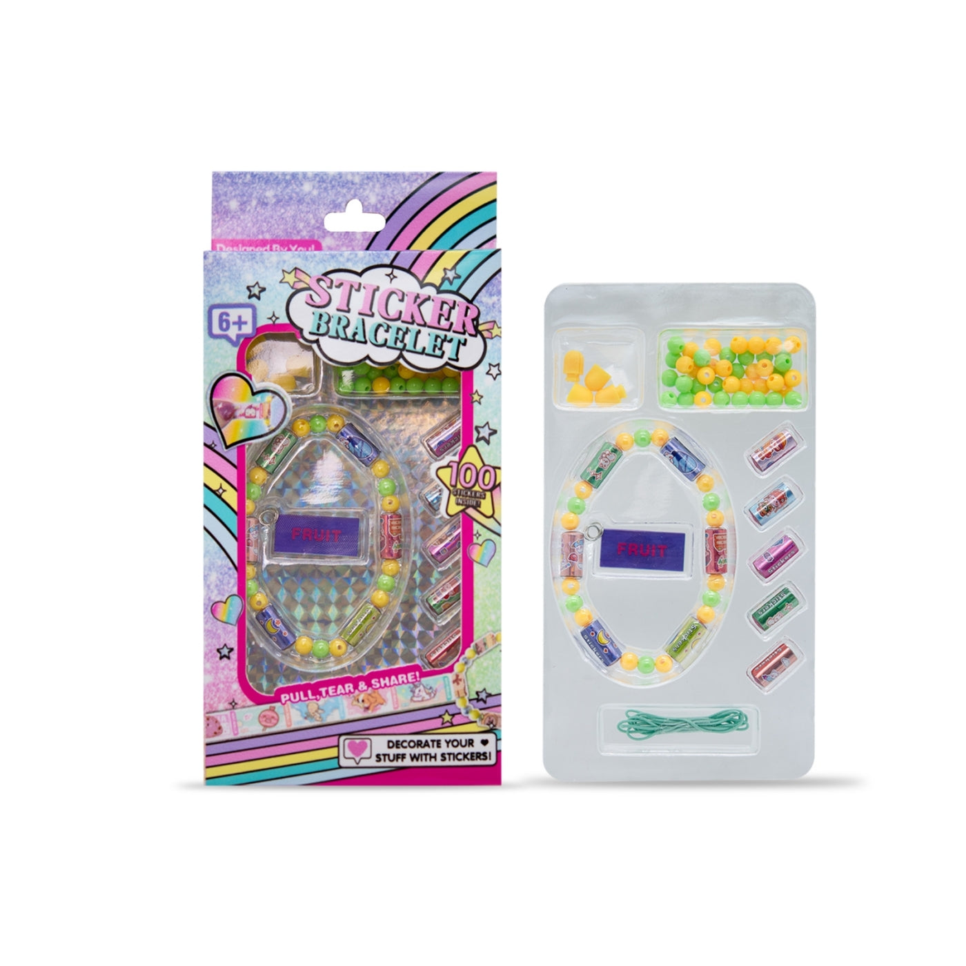 Kids sticker bracelet craft kit with ~100 beads and stickers, elastic cord, clasp, ring and tag; easy DIY jewelry for ages 6 plus.