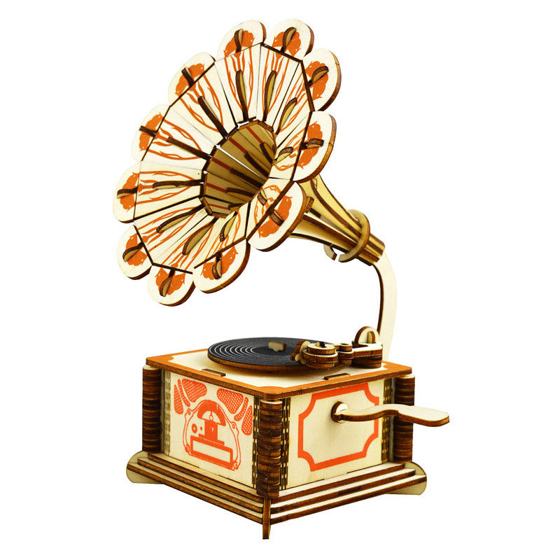 Wooden gramophone model on a white background