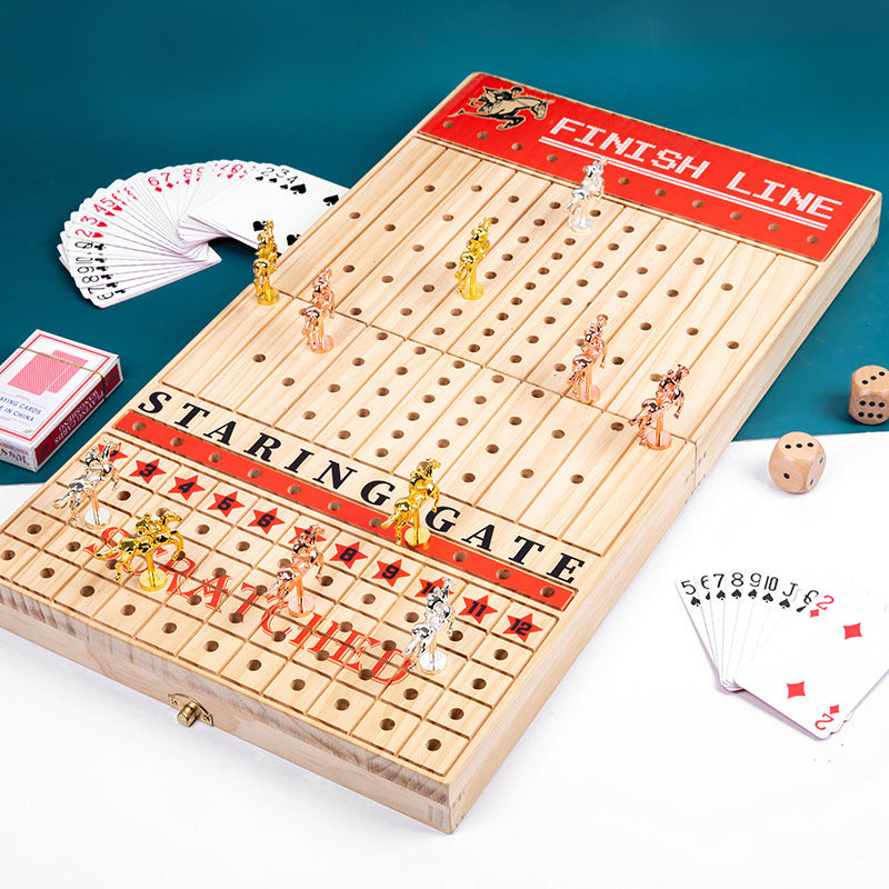 Folding Wooden Horse Racing Board Game with Metal Horses and Cards