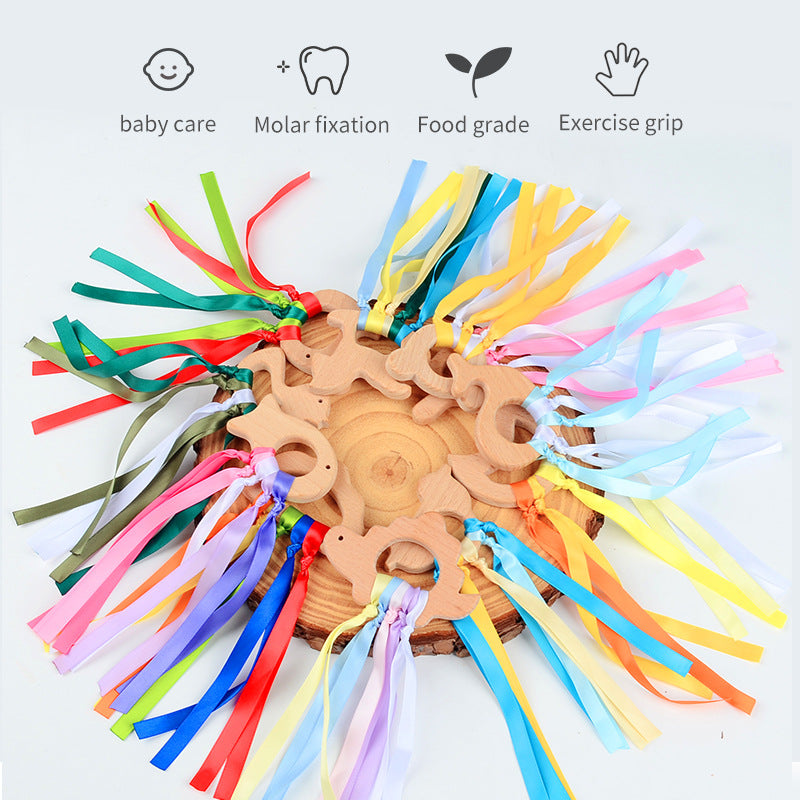 Beech Wood Ribbon Teether Sensory Ring for Babies