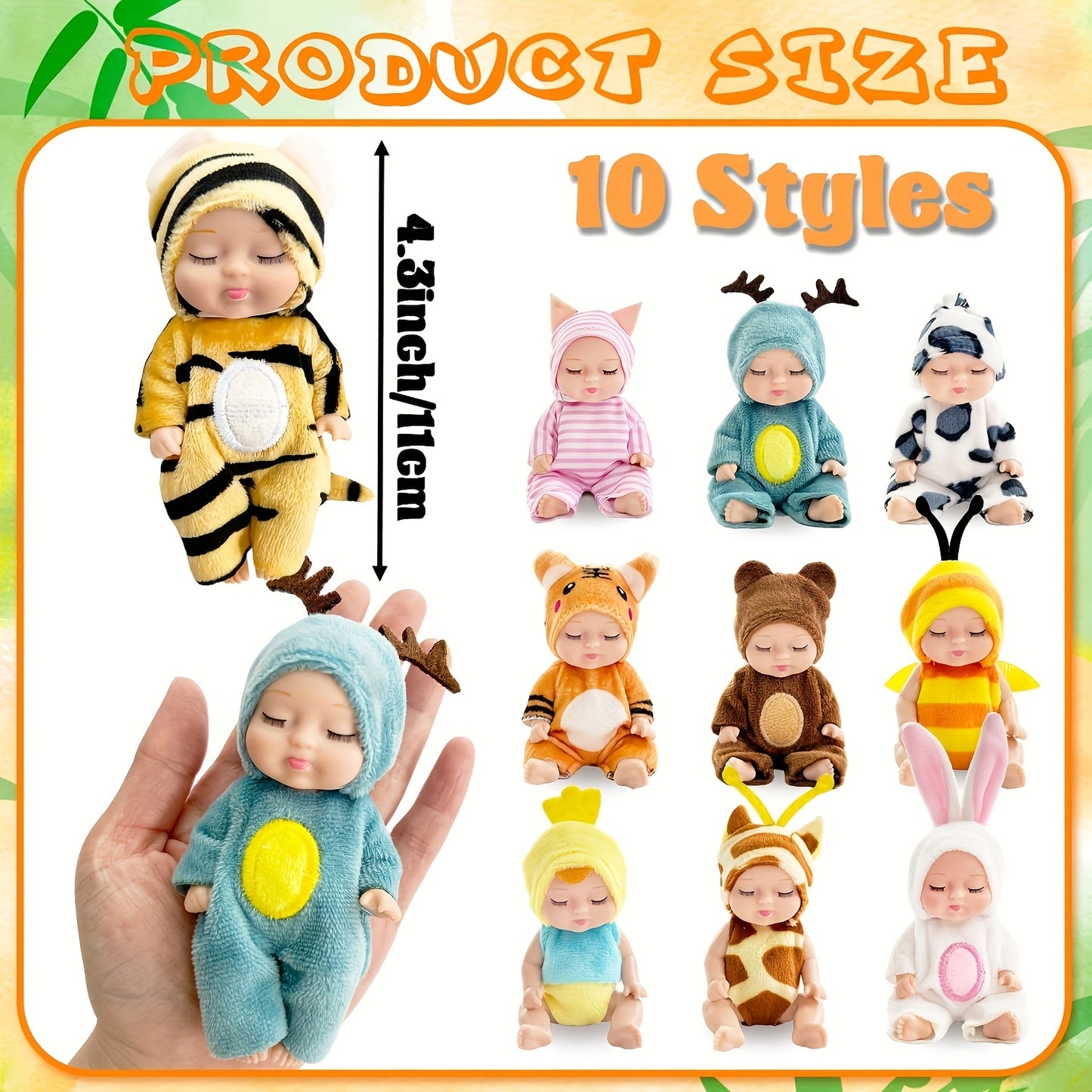 10pcs Mini Baby Dolls in Animal Costumes - 4 Inch Pocket Doll Set