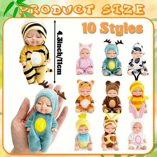 10pcs Mini Baby Dolls in Animal Costumes - 4 Inch Pocket Doll Set