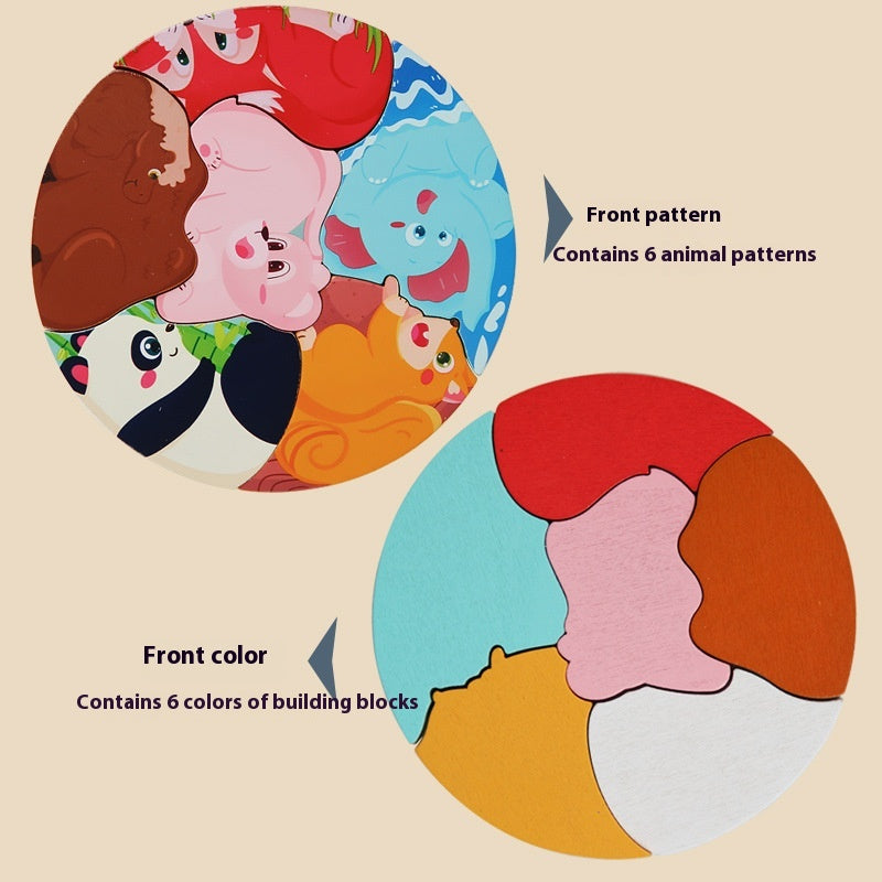 Colorful animal-patterned building block set on a beige background