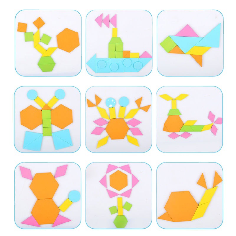 Wooden Pattern Blocks Puzzle Set for Kids - 170 pcs with Idea Cards