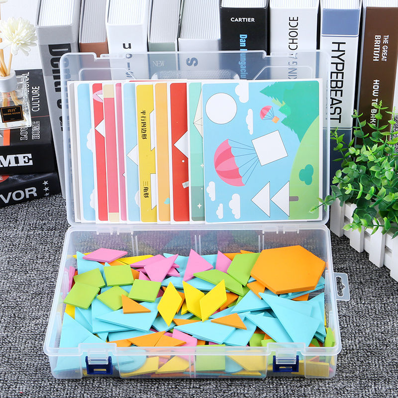 Wooden Pattern Blocks Puzzle Set for Kids - 170 pcs with Idea Cards