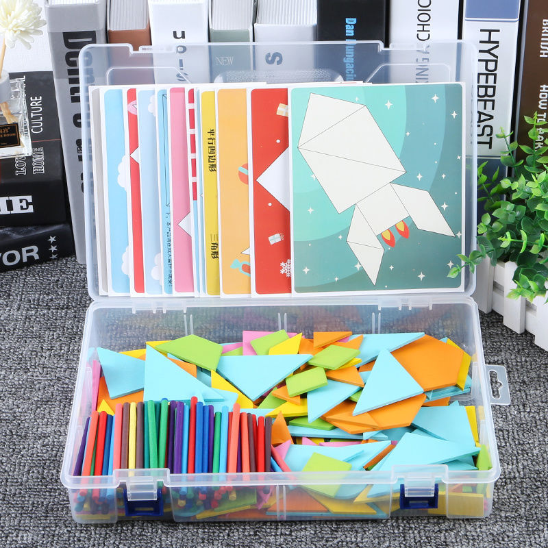 Wooden Pattern Blocks Puzzle Set for Kids - 170 pcs with Idea Cards