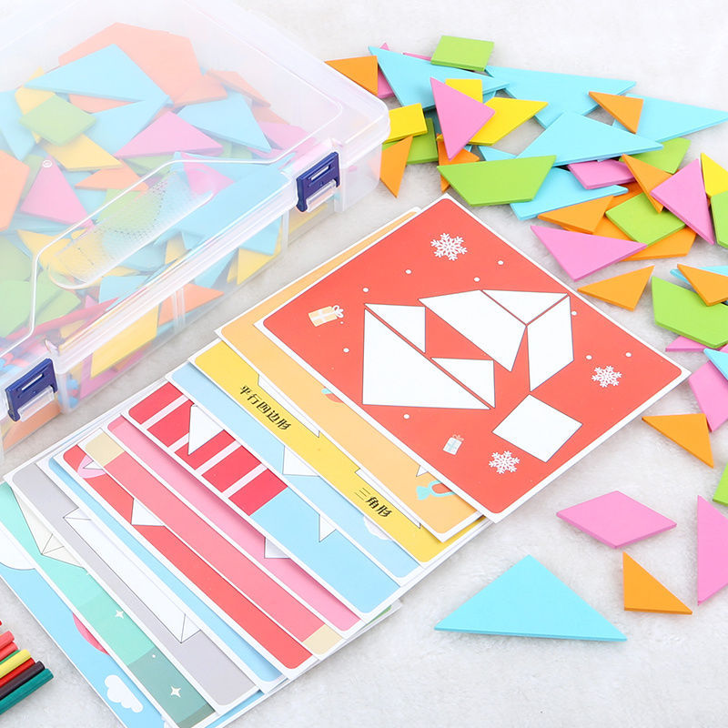 Wooden Pattern Blocks Puzzle Set for Kids - 170 pcs with Idea Cards