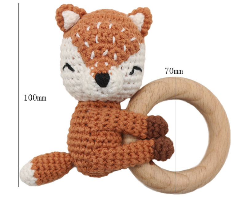 Handmade Crochet Fox or Elk Teether Rattle with Beech Ring