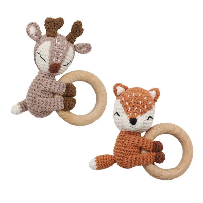 Handmade Crochet Fox or Elk Teether Rattle with Beech Ring