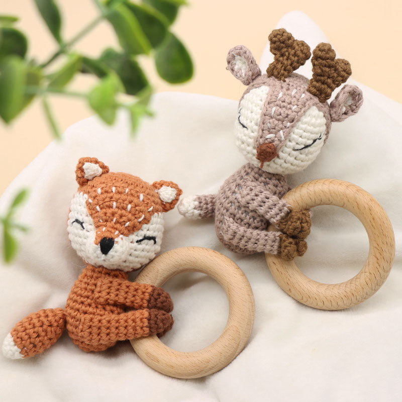 Handmade Crochet Fox or Elk Teether Rattle with Beech Ring