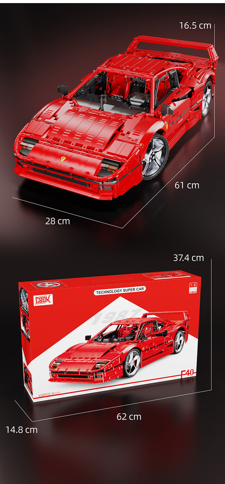 F40-Style Red Supercar Building Bricks Model, 1:8 (4026 pcs)