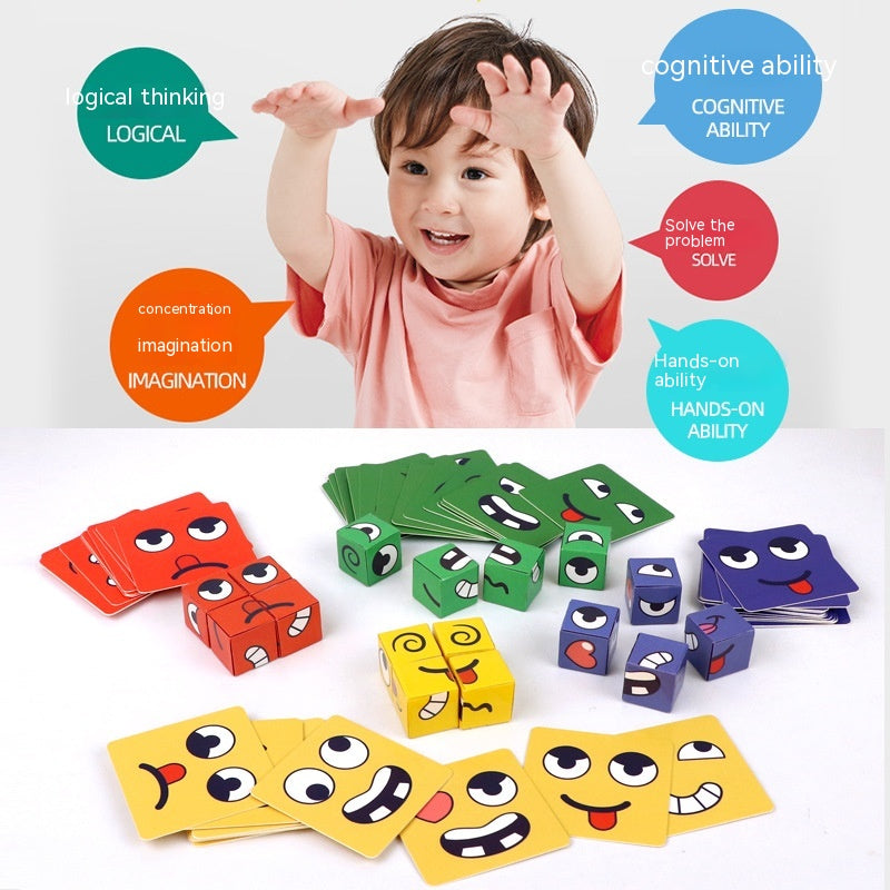 Face Changing Expression Blocks Game – 64 Cards, Optional Bell