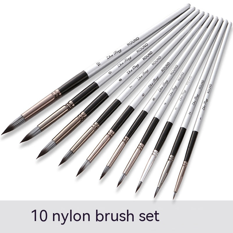 10-Piece Nylon Round Watercolor Brush Set with Wood Handles