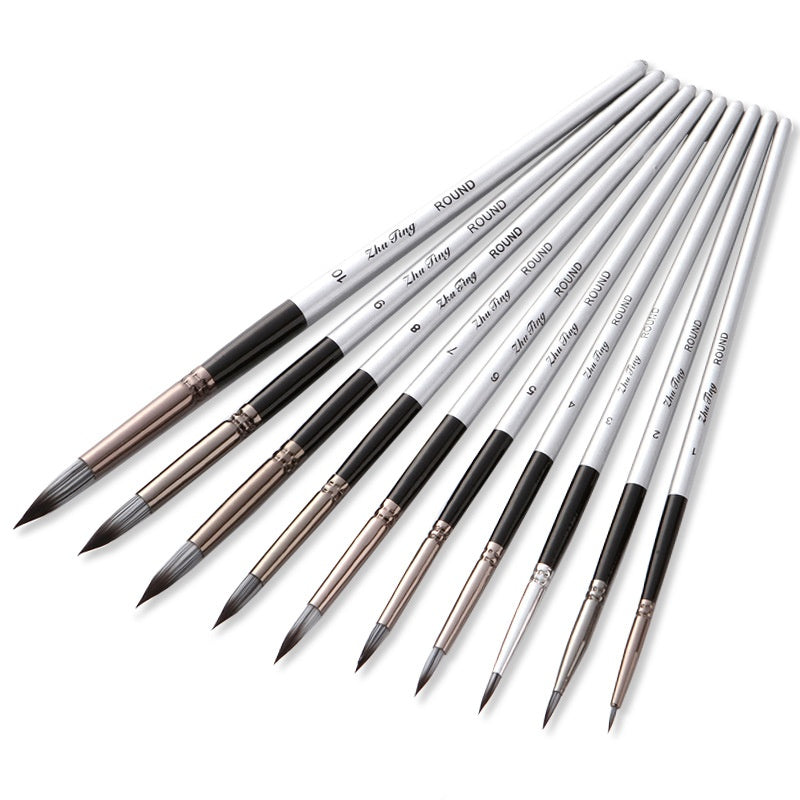 10-Piece Nylon Round Watercolor Brush Set with Wood Handles