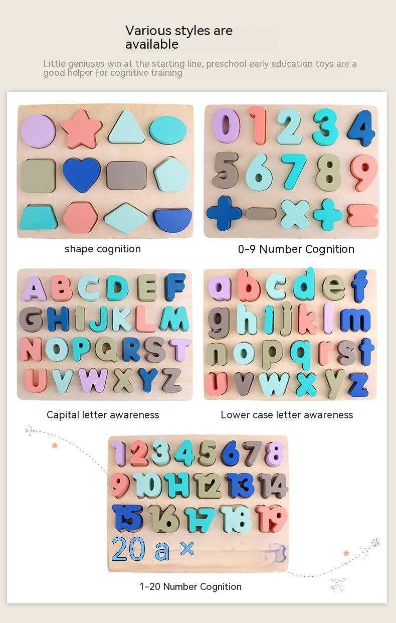 Macaron Wooden Alphabet, Number & Shape Puzzle Board (29.5×22 cm)