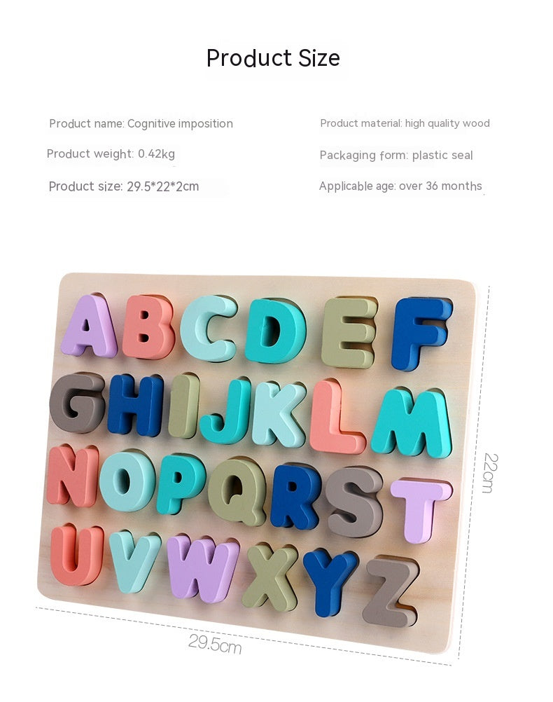 Macaron Wooden Alphabet, Number & Shape Puzzle Board (29.5×22 cm)