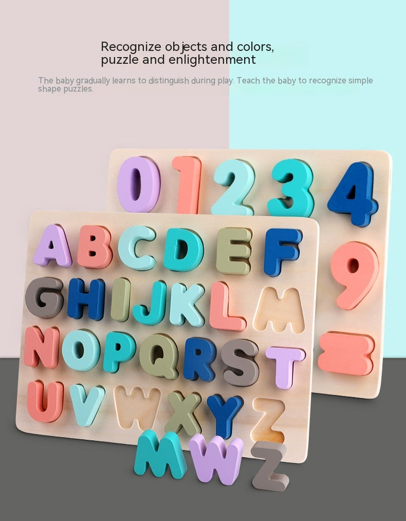 Macaron Wooden Alphabet, Number & Shape Puzzle Board (29.5×22 cm)