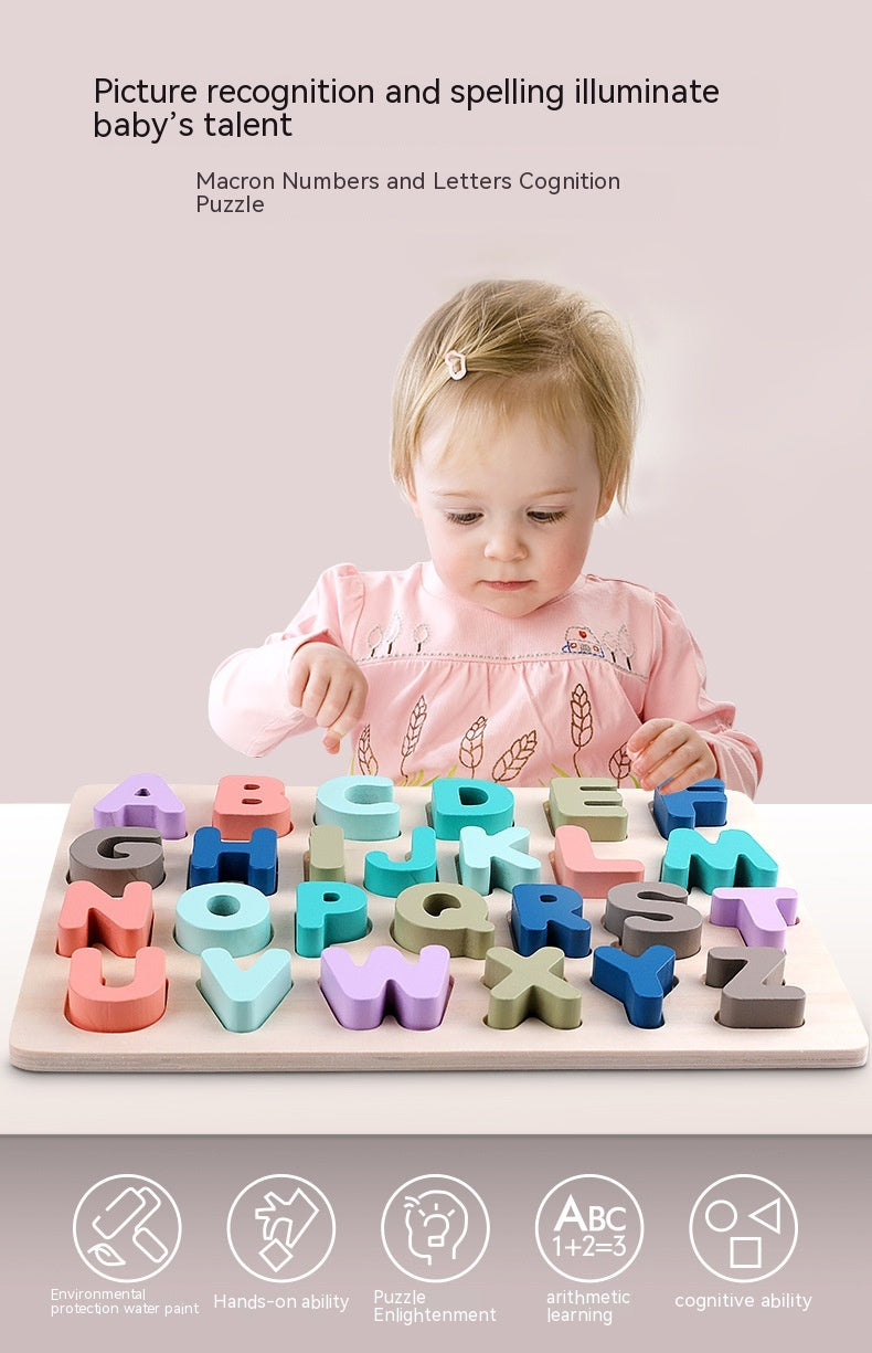 Macaron Wooden Alphabet, Number & Shape Puzzle Board (29.5×22 cm)