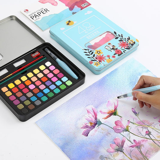 48-Color Solid Watercolor Paint Set in Metal Case (Black Knight / Girl Pink / Sunshine Blue)