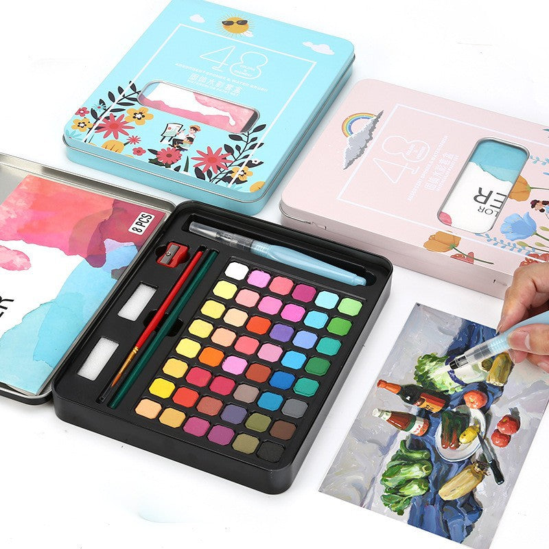 48-Color Solid Watercolor Paint Set in Metal Case (Black Knight / Girl Pink / Sunshine Blue)