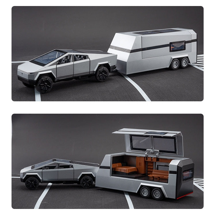 Cyber Pickup With RV Trailer – 1:32 Alloy Model With Lights