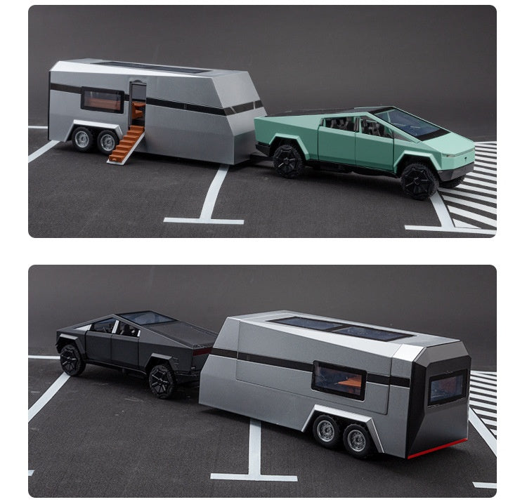 Cyber Pickup With RV Trailer – 1:32 Alloy Model With Lights