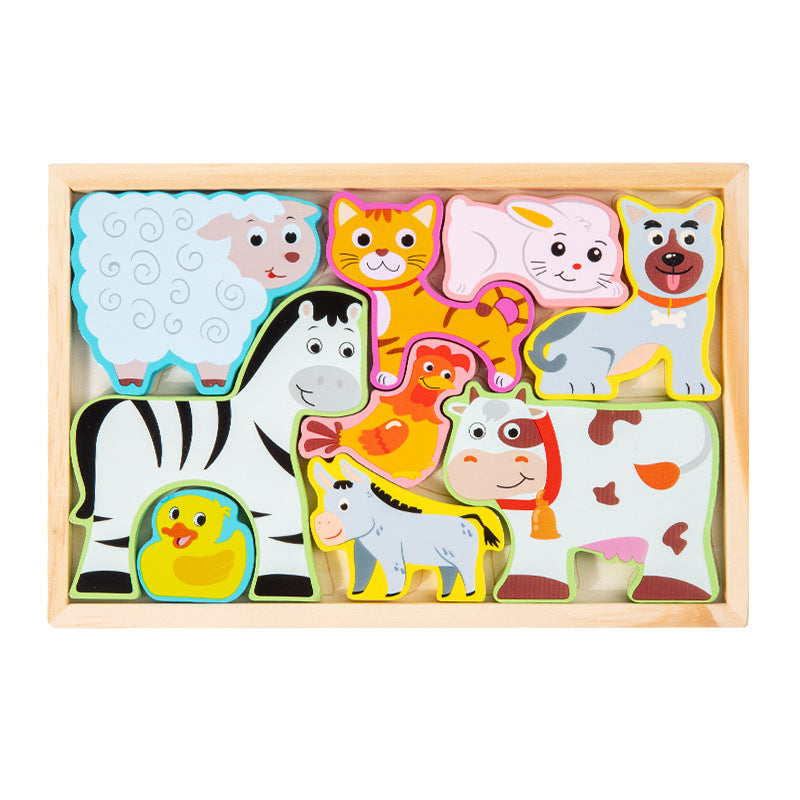 Set of wooden animal puzzles in a box on a white background