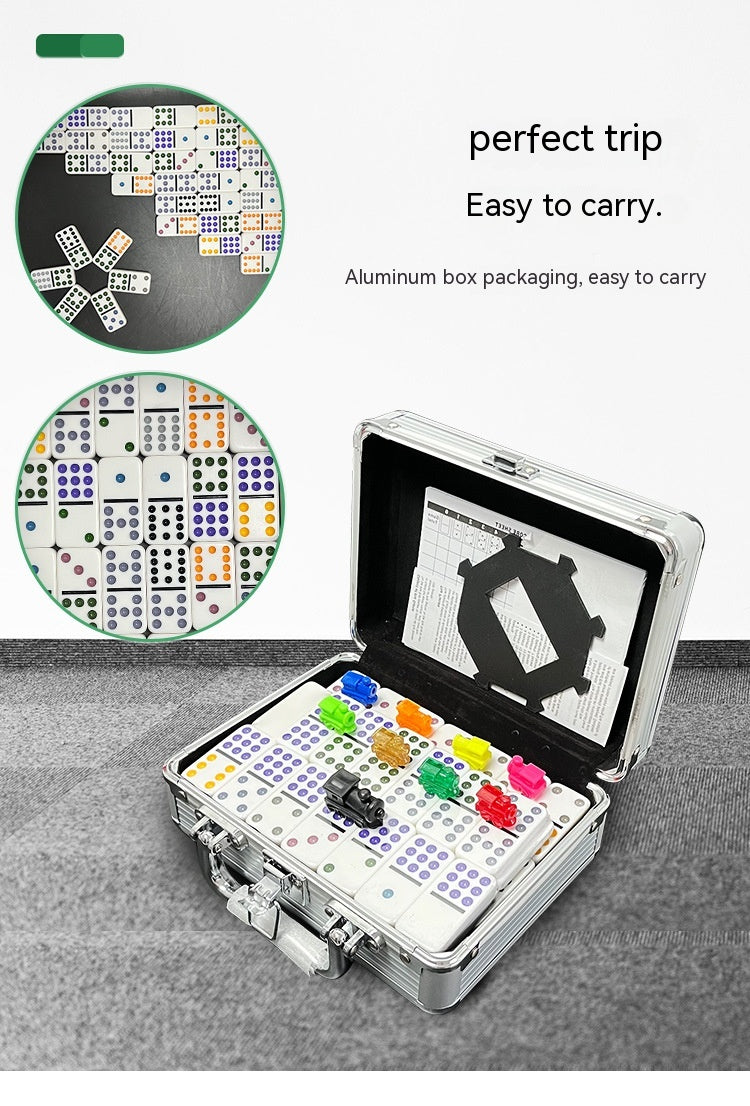 Aluminum Case Mexican Train Dominoes Set With Trains & Score Pads