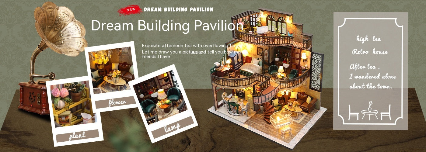 Dream Building Pavilion with decorative elements and text on a brown background