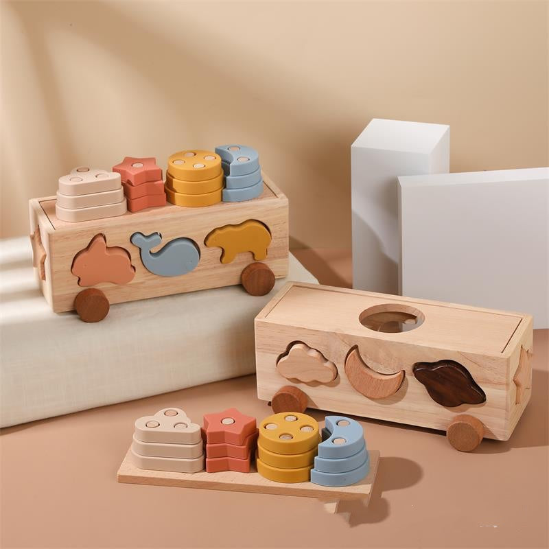 Wooden Shape Sorter Pull Cart & Stacking Set – Montessori Learning Toys