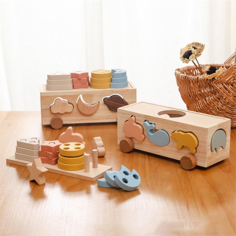 Wooden Shape Sorter Pull Cart & Stacking Set – Montessori Learning Toys