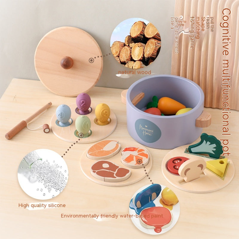 Children’s Wooden Radish Pull & Magnetic Fishing Pot Pretend Play Set