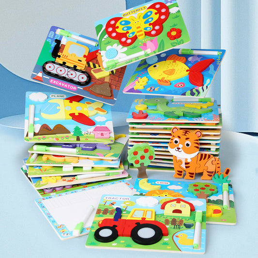 Colorful children's educational toys on a light blue surface